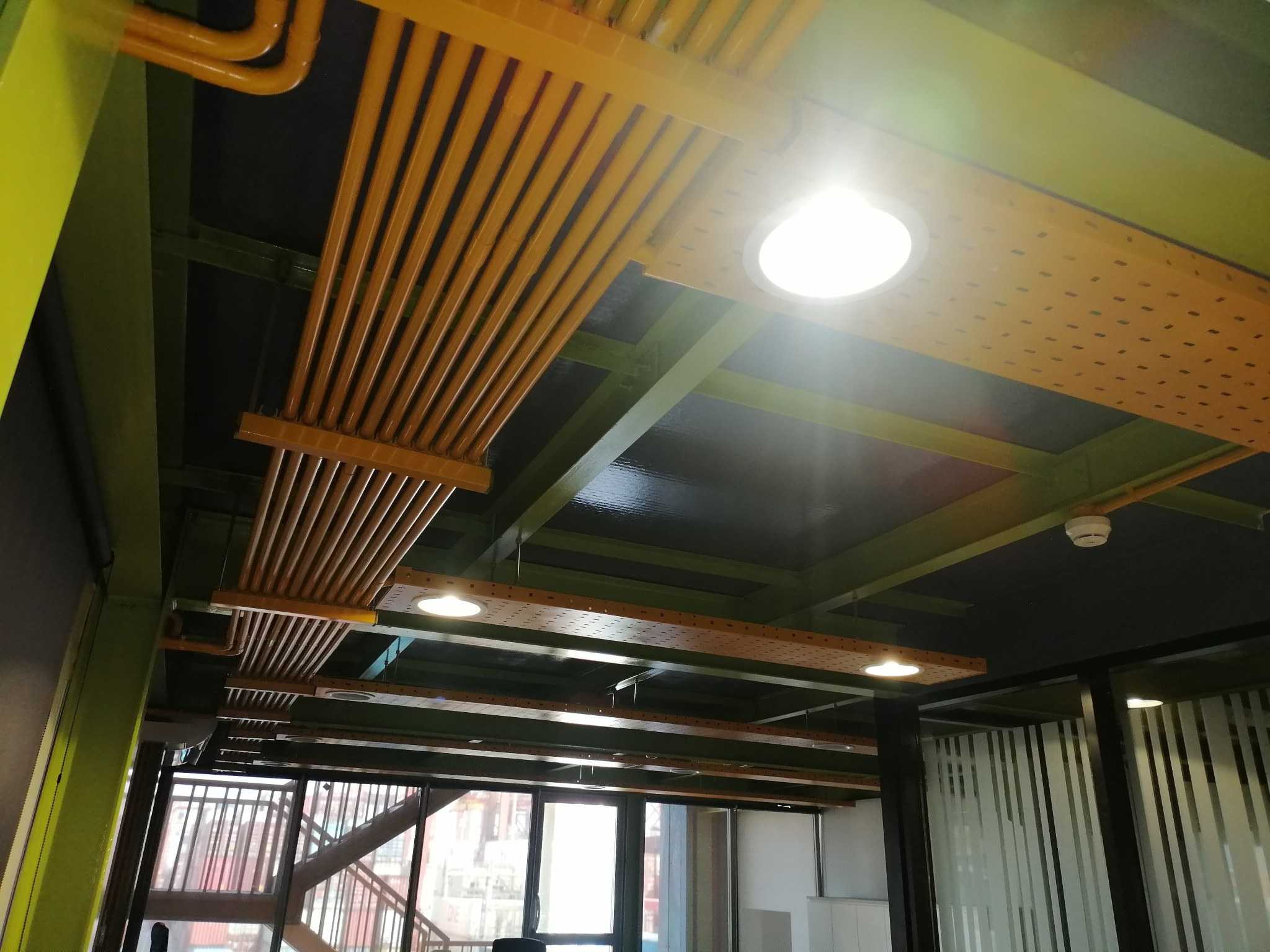 Harbor overhead pipework and ceiling lighting installation