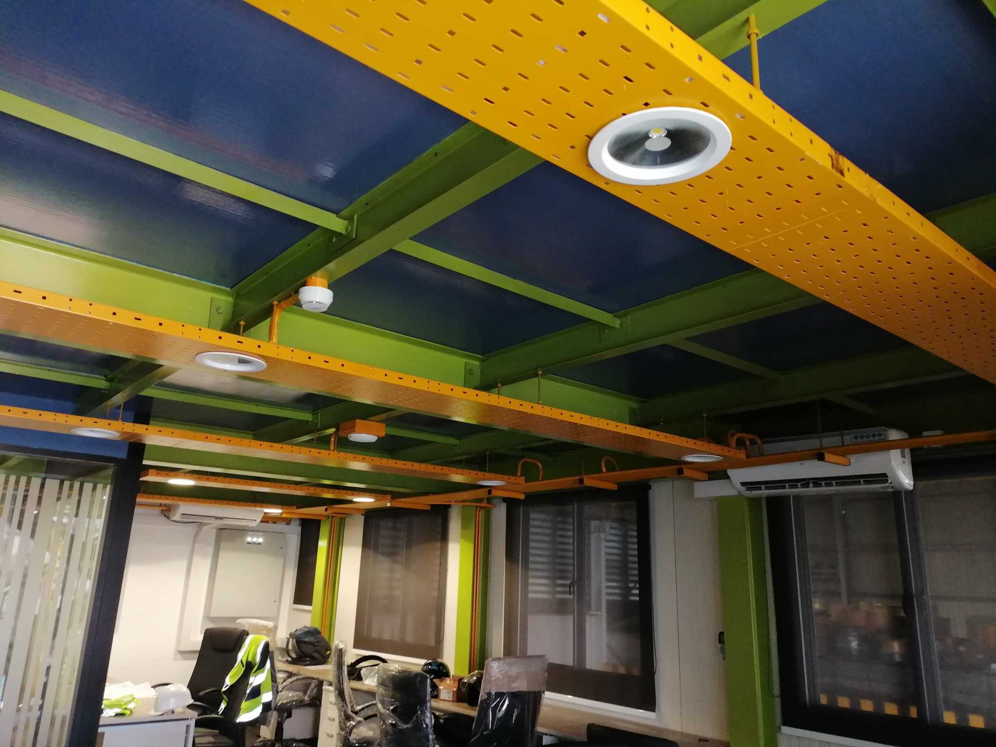 Harbor interior workspace with electrical distribution panel