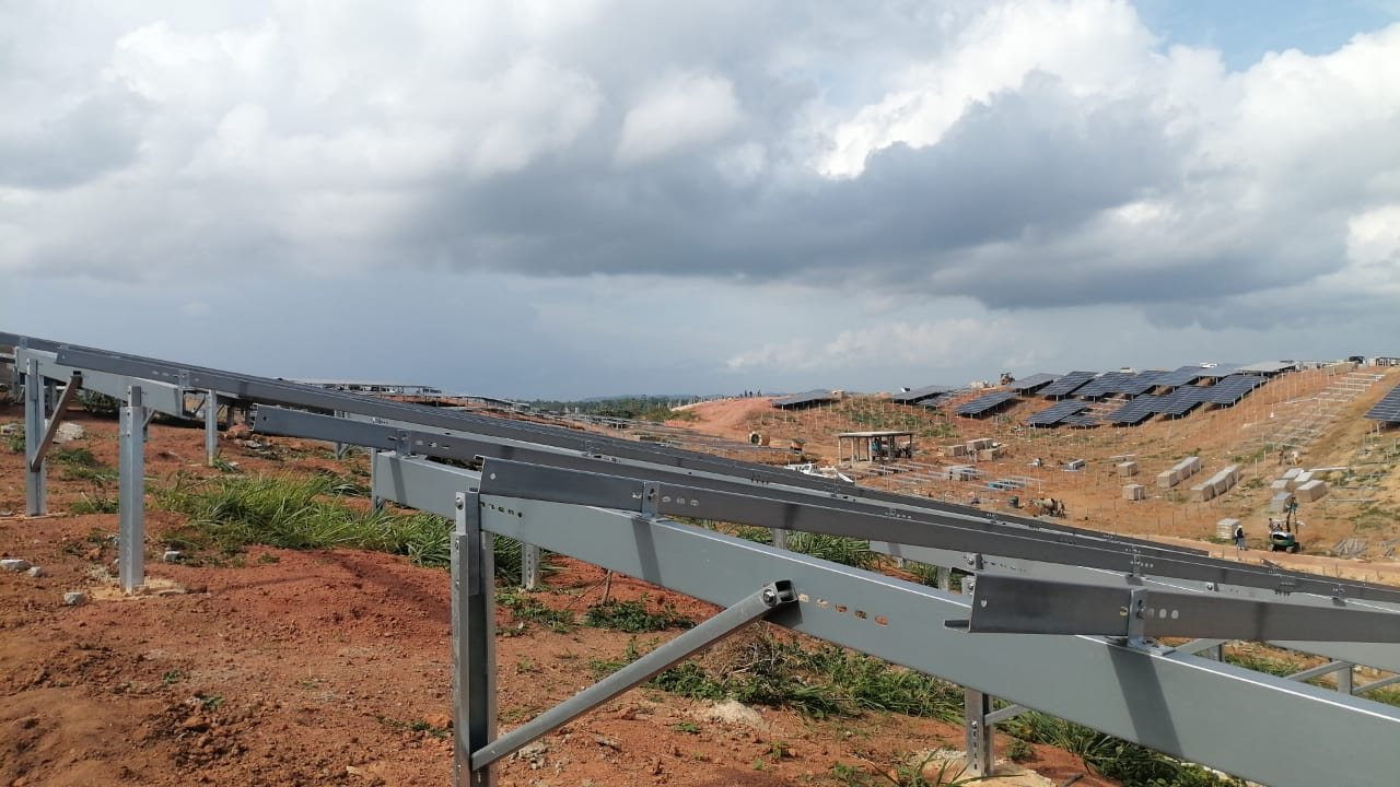 Wide site view showing steel mounting structures at Rathgama Solar